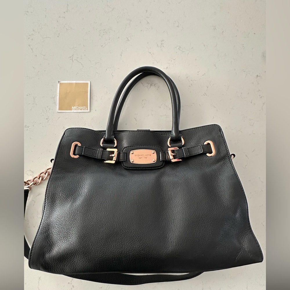 Michael Kors HAMILTON Black Pebbled Leather Satchel Tote Bag Rose Gold Hardware - Picture 12 of 17